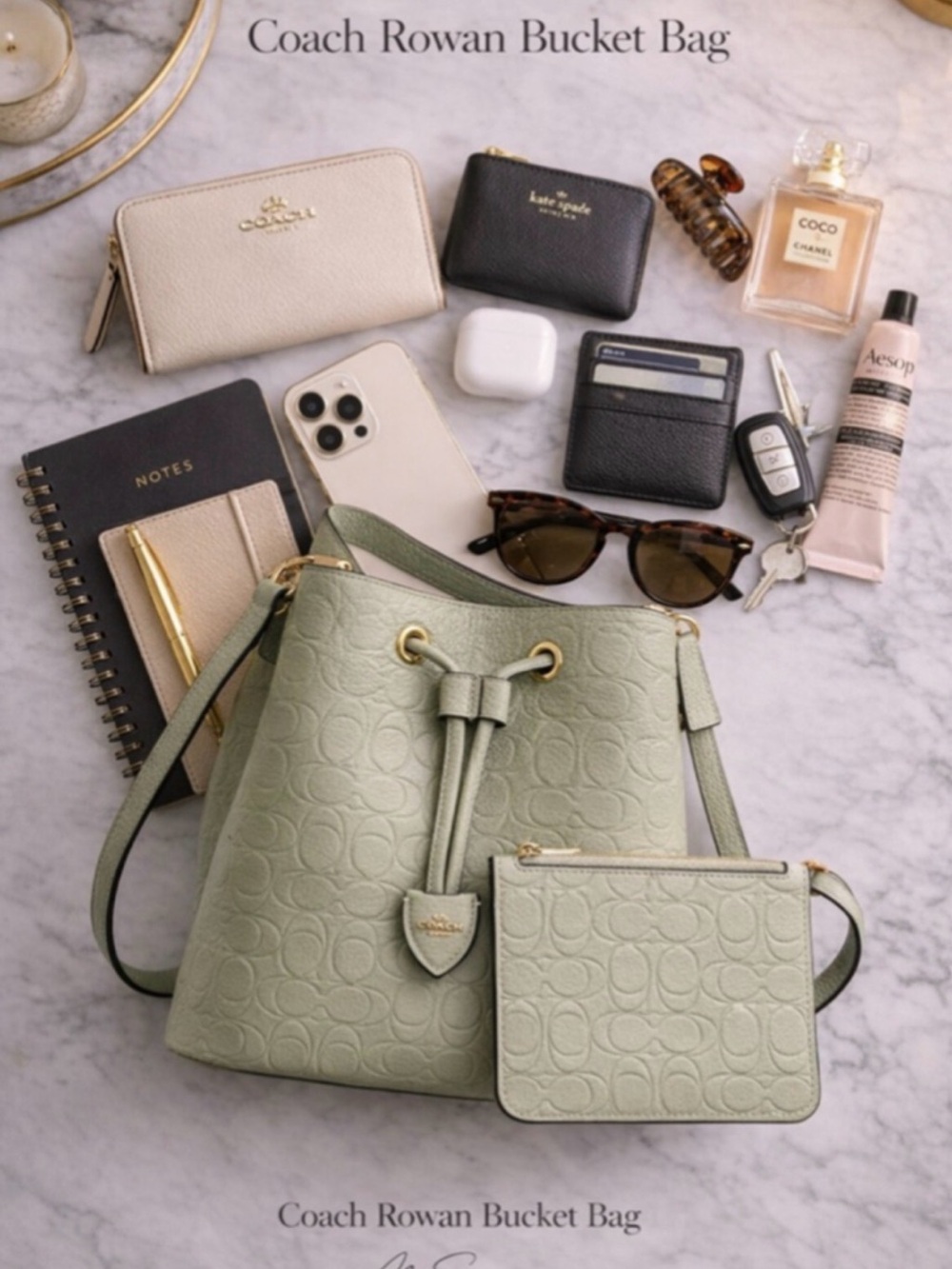 Coach Sage Green Embossed Pebbled Leather Drawstring Bucket Bag with Pouch - Picture 4 of 12